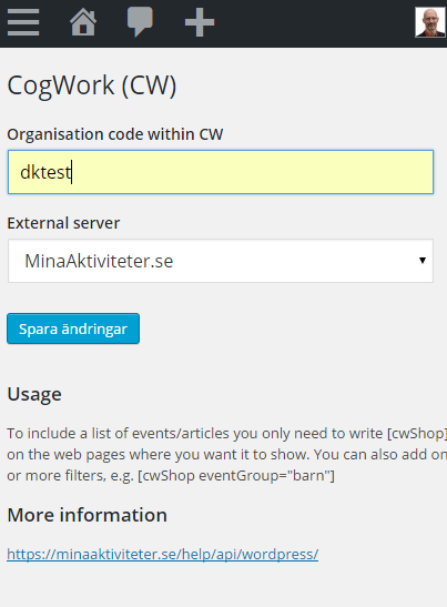 Inställningssidan för CogWork plugin:et.